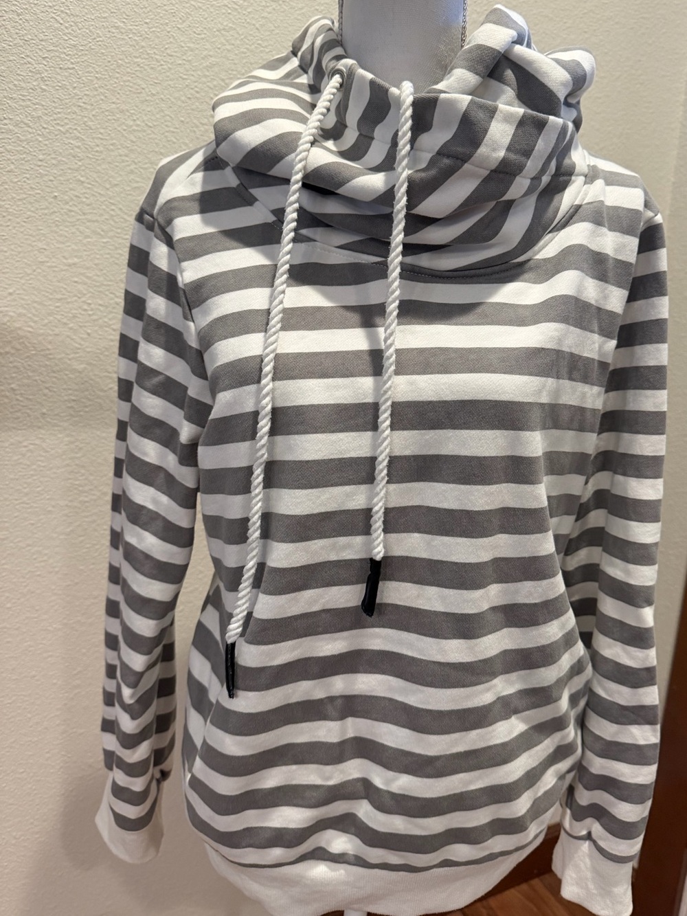 BiBi Gray & White Striped Cowl Drawstring Hoodie